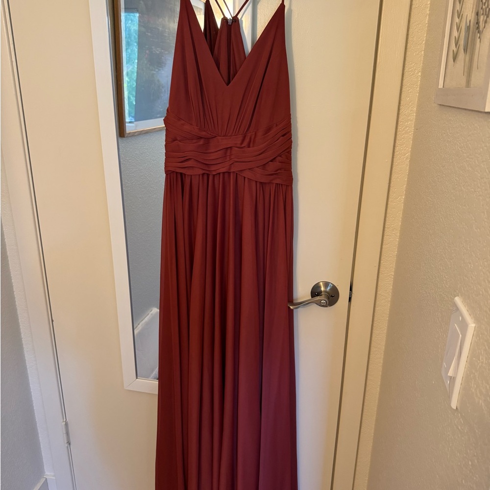 David's Bridal Red Ruched Halter Gown